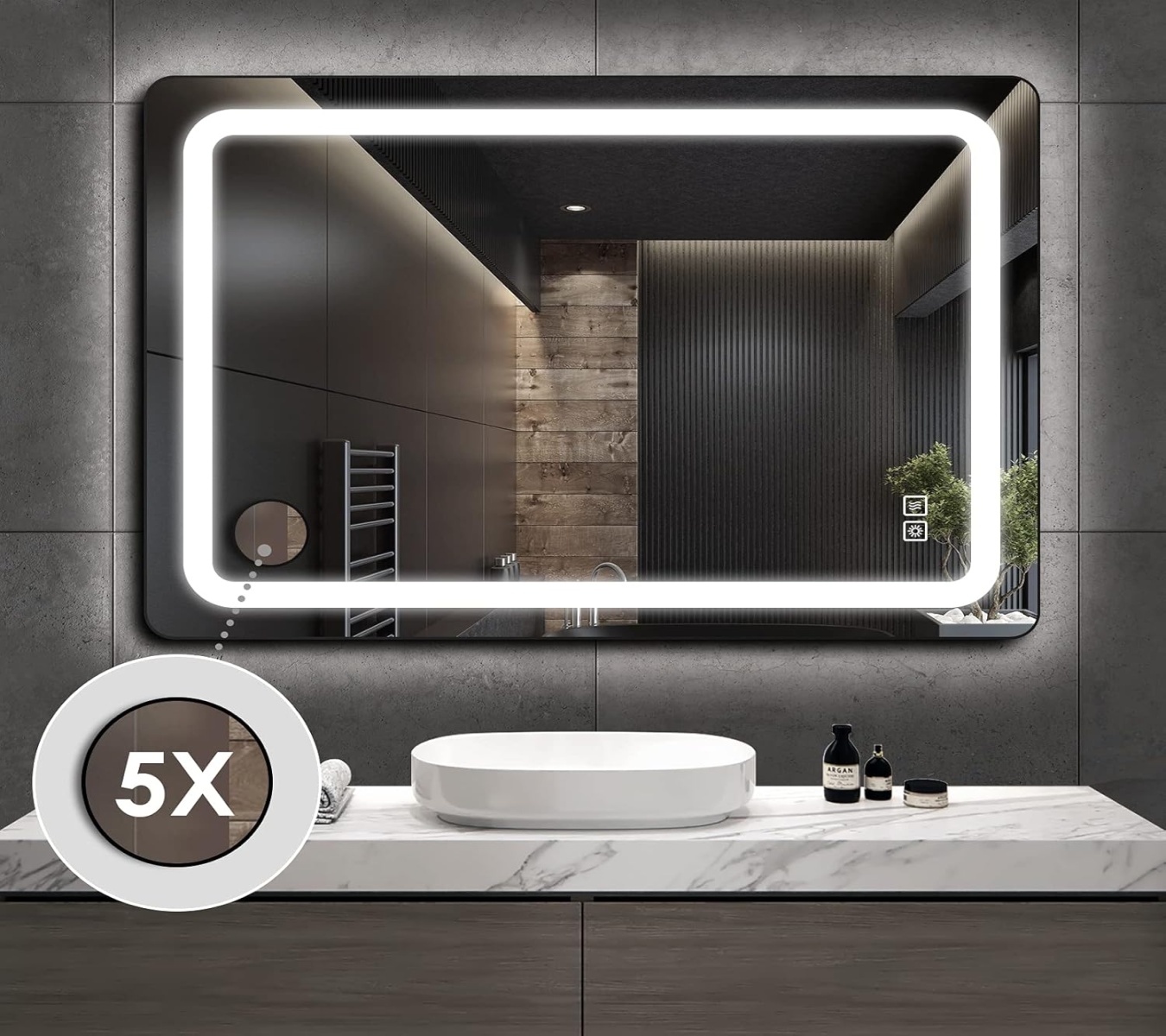 Cermin Kesombongan LED Cerdas dengan Lampu Anti-Fog dan Dimmable Cermin Kesombongan LED Cerdas dengan Lampu Anti-Fog dan Dimmable